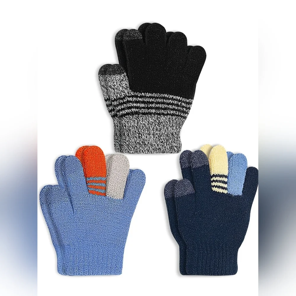 Kimmy Ku kids boys gloves 3 pairs touch screen with lining blue black gray